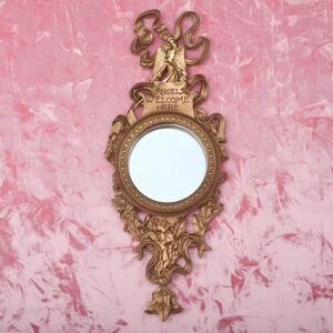 Vintage Angel Wall Mirror Plaque “Angels Welcome Here” Ornate Gold Tone Cherub R